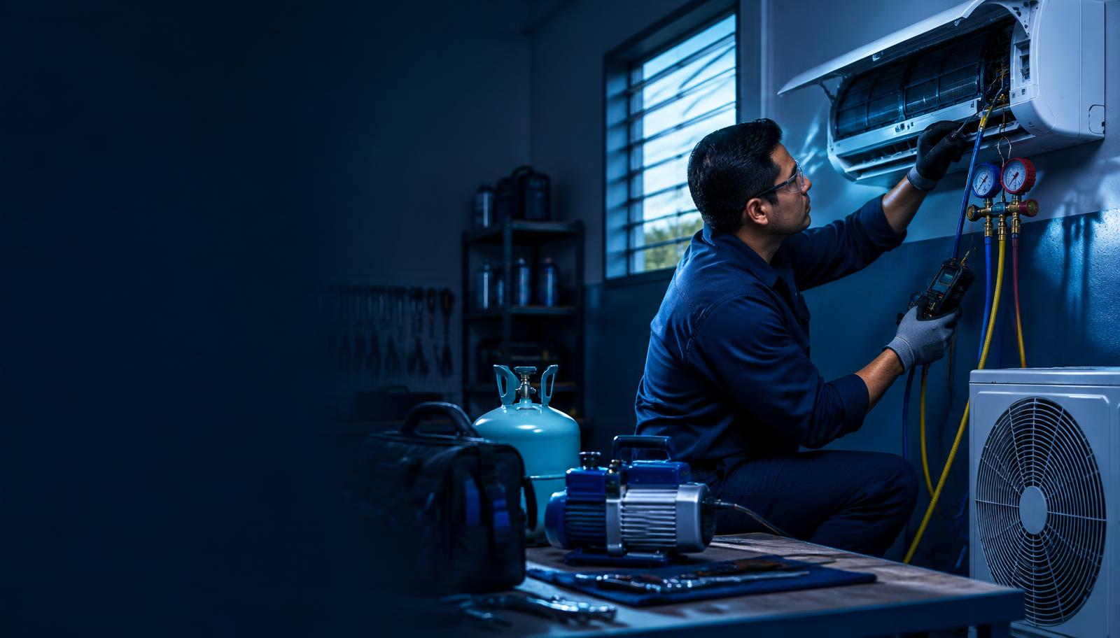 Técnico diagnosticando un aire acondicionado